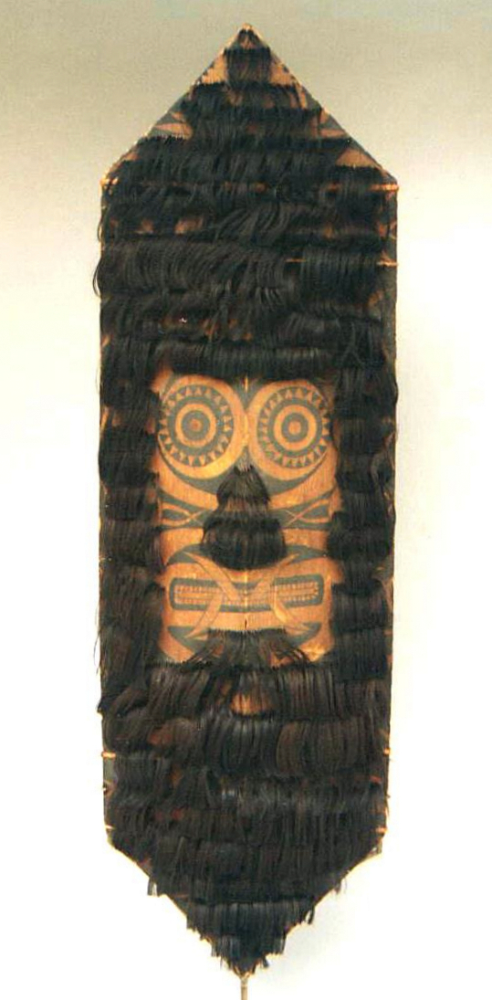 27 Wood shield with painted surfaces and human hair